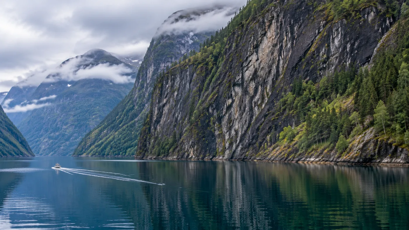A sightseeing catamaran on an enclosed fjord under steep wooded slopes near Bergen