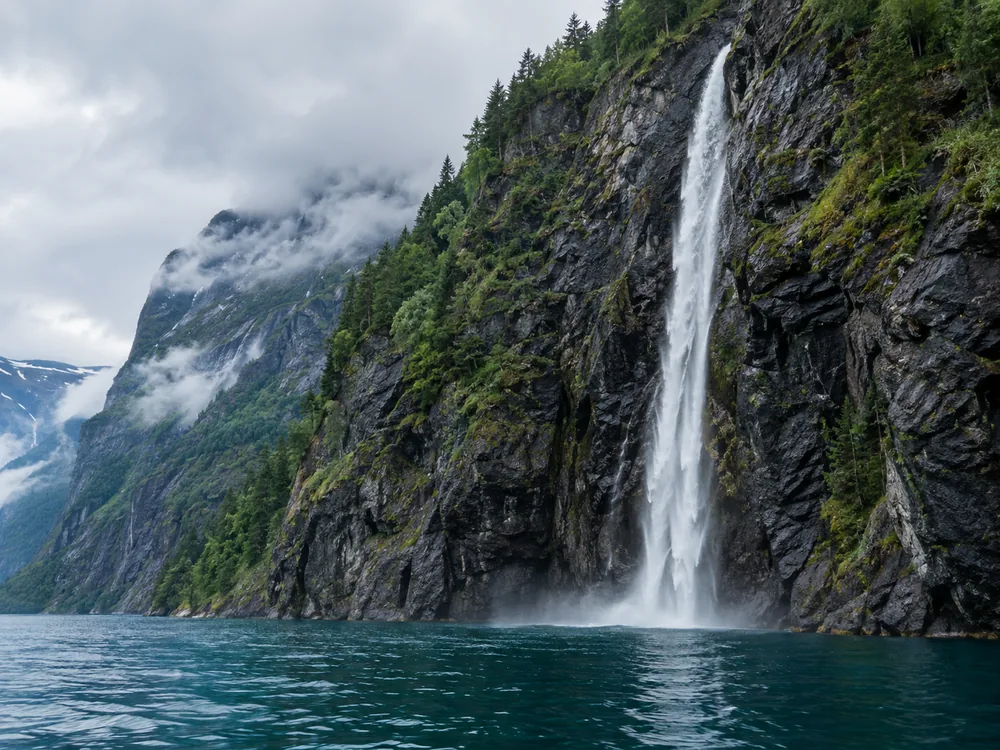 En fjordfoss som stuper rett ned i vannet, nært nok til at spruten når dekket